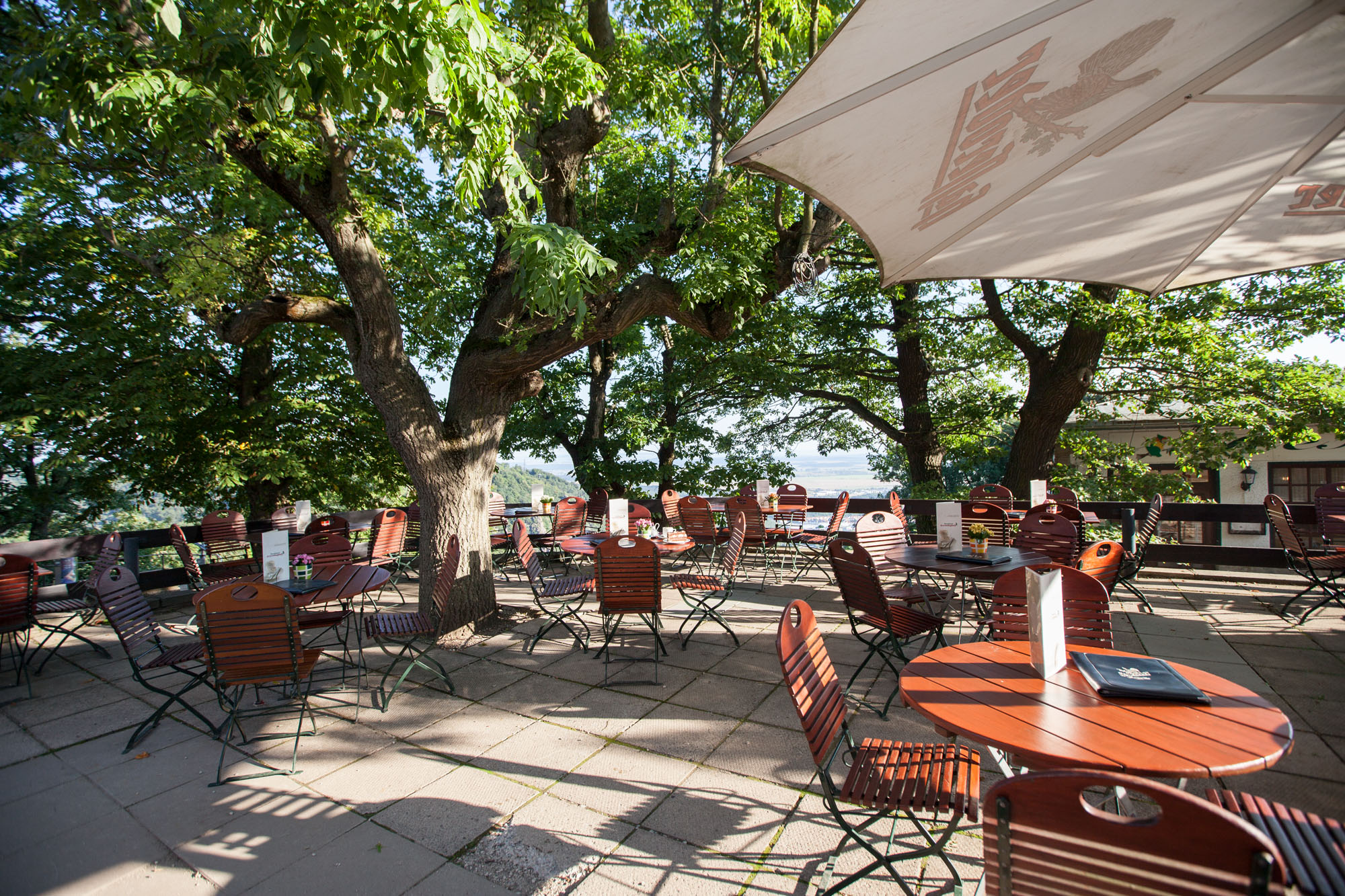 Blick auf die Sommerterasse des Berghotel Hexentanzplatz in Thale/Harz